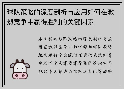 球队策略的深度剖析与应用如何在激烈竞争中赢得胜利的关键因素